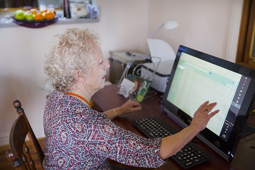 An older women sits at a desk using a computer