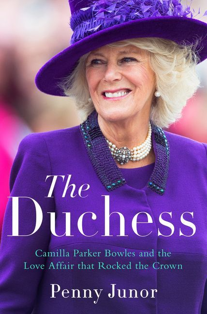 "The cover of The Duchess featuring a photo of Camila Parker-Bowles in a purple dress and smiling."