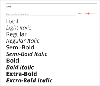 A snapshot of a the variety of font weights and styles available for a specific typeface on Google Fonts.