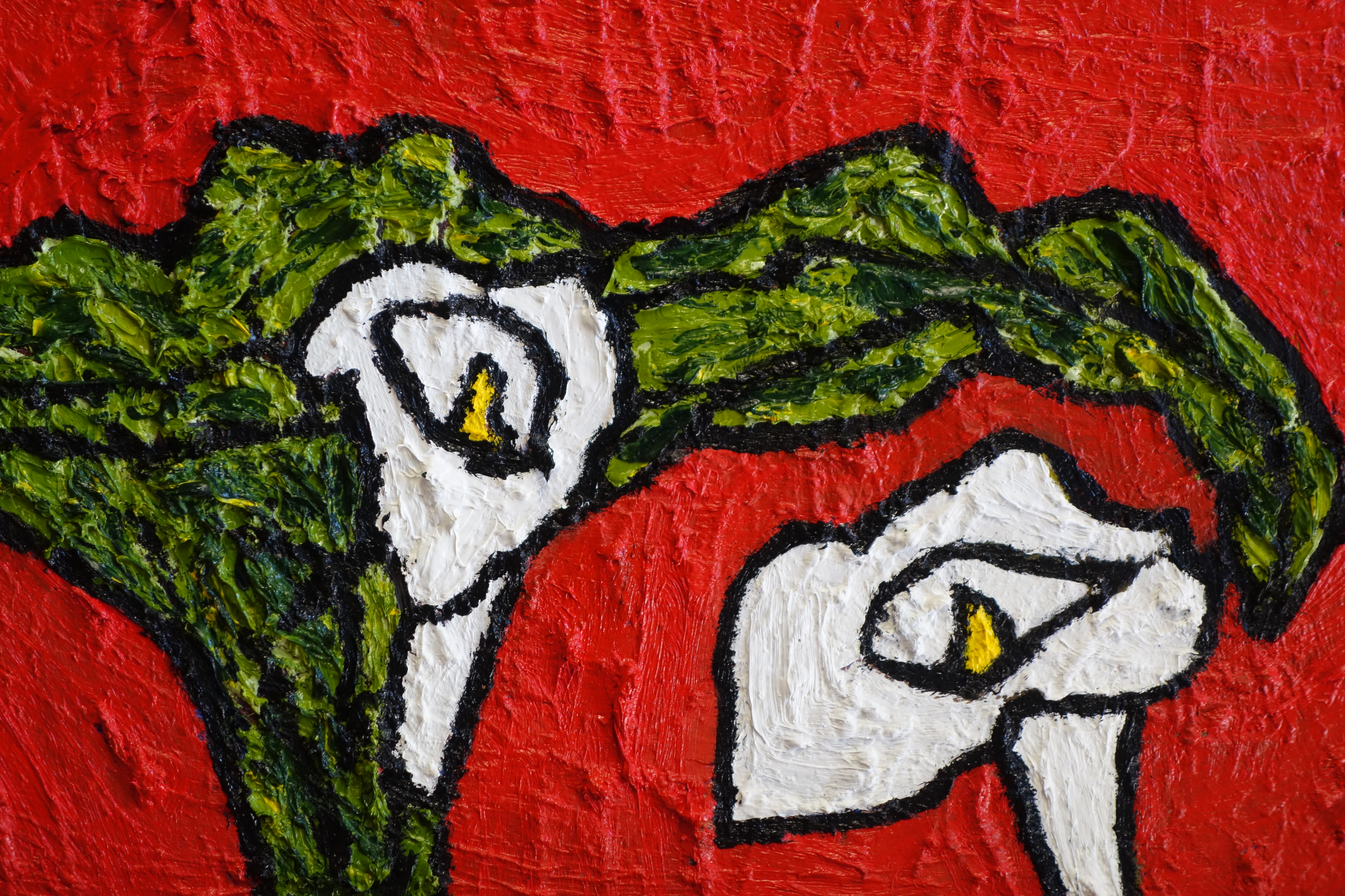 "White lillies with green leaves on a stark red background, painted on oil on canvas"