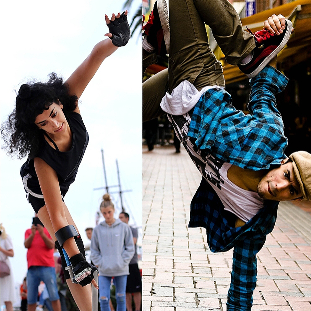 "Two image side by side. On the left, Roya is performing in front of a small crowd on the street. She has a crutch in her right hand and is wearing a black singlet and shorts. On the right, Peter is breakdancing on a brick street. He is holding himself up on one hand, wearing a blue and black checked shirt. "