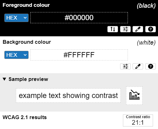Screenshot of colour contrast analyser tool, testing the contrast between black text on a white background (described above)