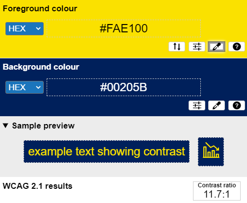 Screenshot of colour contrast analyser tool, testing the contrast between Vision Australia branding colours yellow text on a dark blue background (described above)