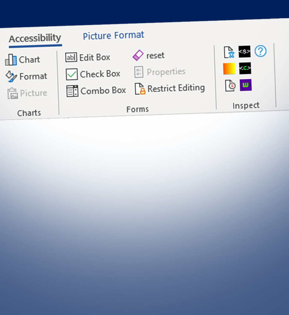 Image of the document accessibility toolbar in a word document. The Accessibiloity Tab is highlighted with options for charts, forms and inspecting images and colours.
