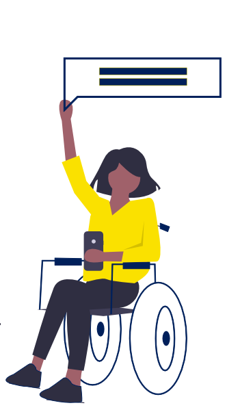 Cartoon of a girl in a wheelchair holding a mobile phone in her left hand and holding a banner above her head in her right hand