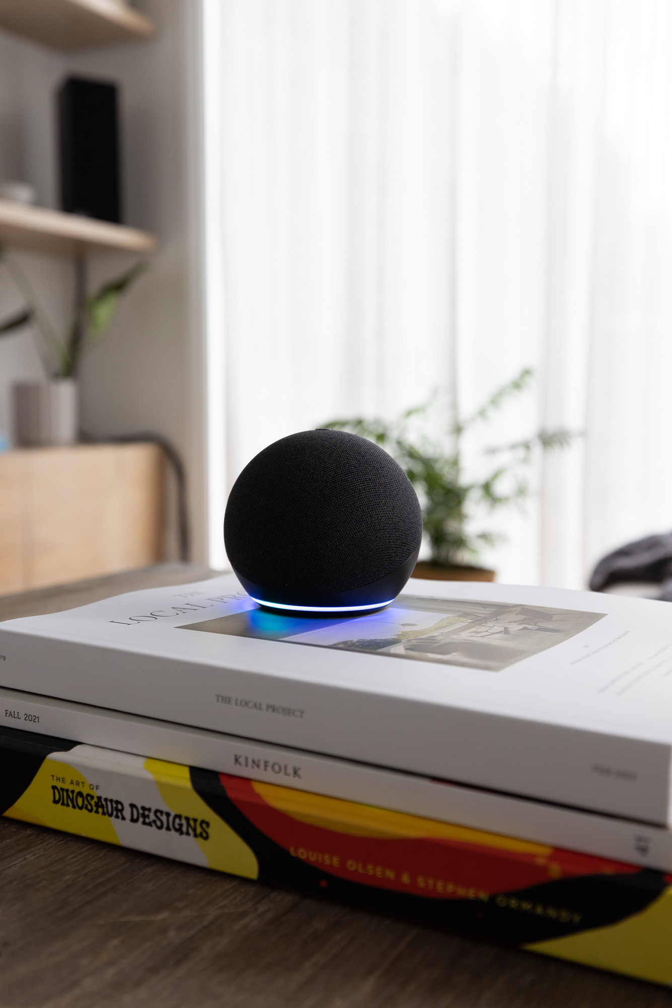 An Amazon smart speaker sits on a short stack of books