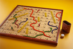 A wooden Snakes and Ladders board game with embossed snakes and ladders, braille numbering on each square, a dice and cup.