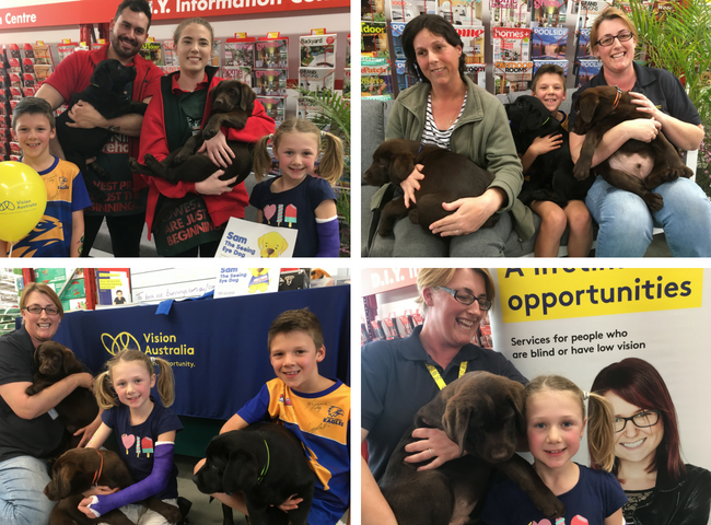 Four pictures from the event. Left to right: Picture of Bunnings staff and kids. Picture of kids and seeing eye dog instructor crouching with Seeing Eye Dogs. Picture of staff member and kids with Seeing Eye Dogs. Picture of a child and staff member with Seeing Eye dog in front of Vision Australia banner.