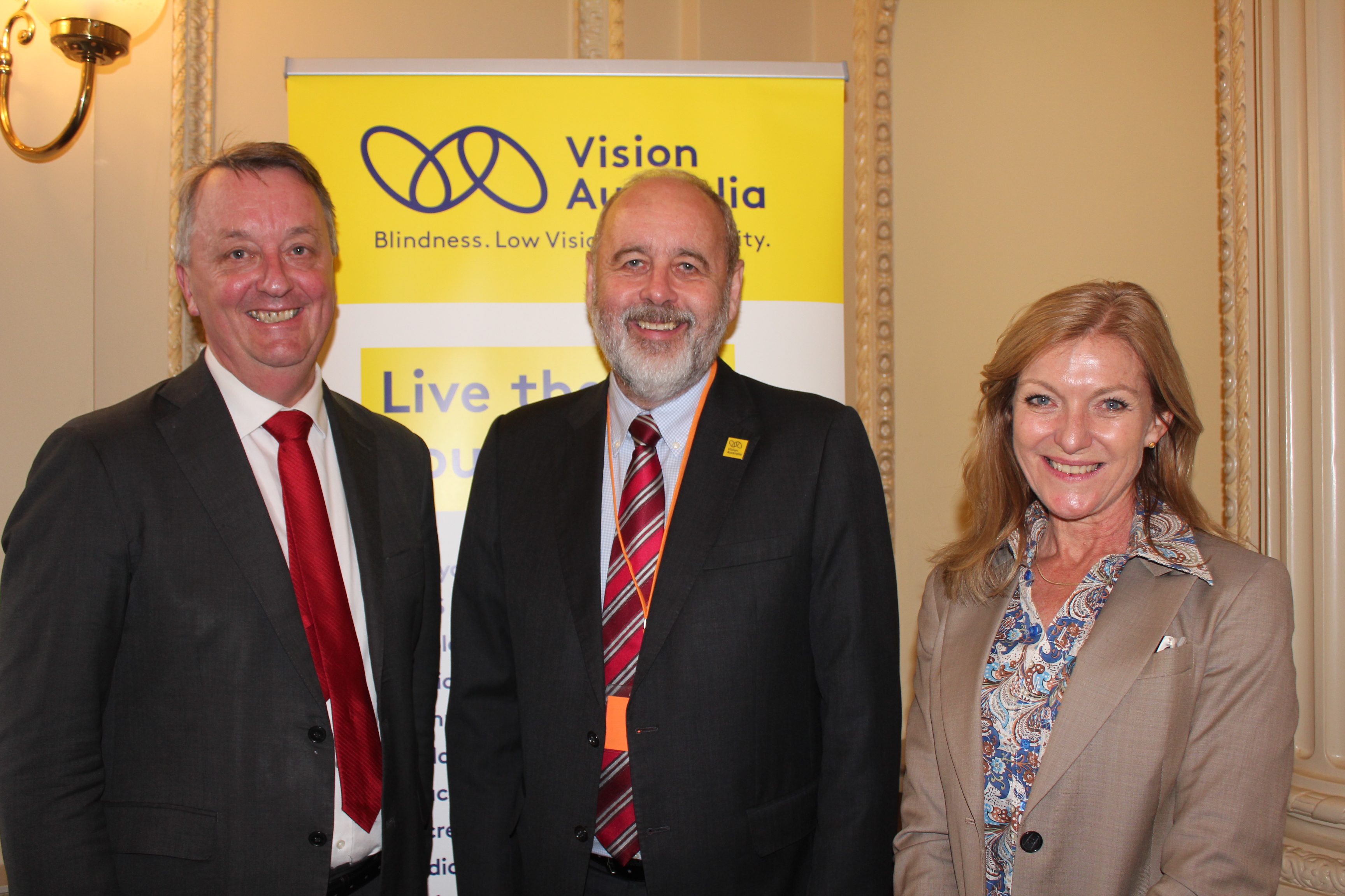 Minister for Housing, Disability and Ageing Hon Martin Foley MP, Vision Australia CEO Ron Hooton and Fiona Patten MLC