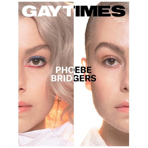 A magazine cover featuring the words Gay Times and Phoebe Bridgers and the image of a woman's face