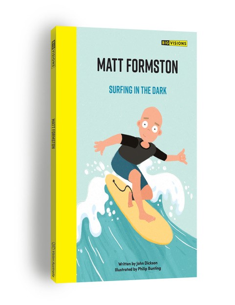 "Cover of Surfing in the Dark showing a cartoon version of matt Formston smiling while surfing a big wave."