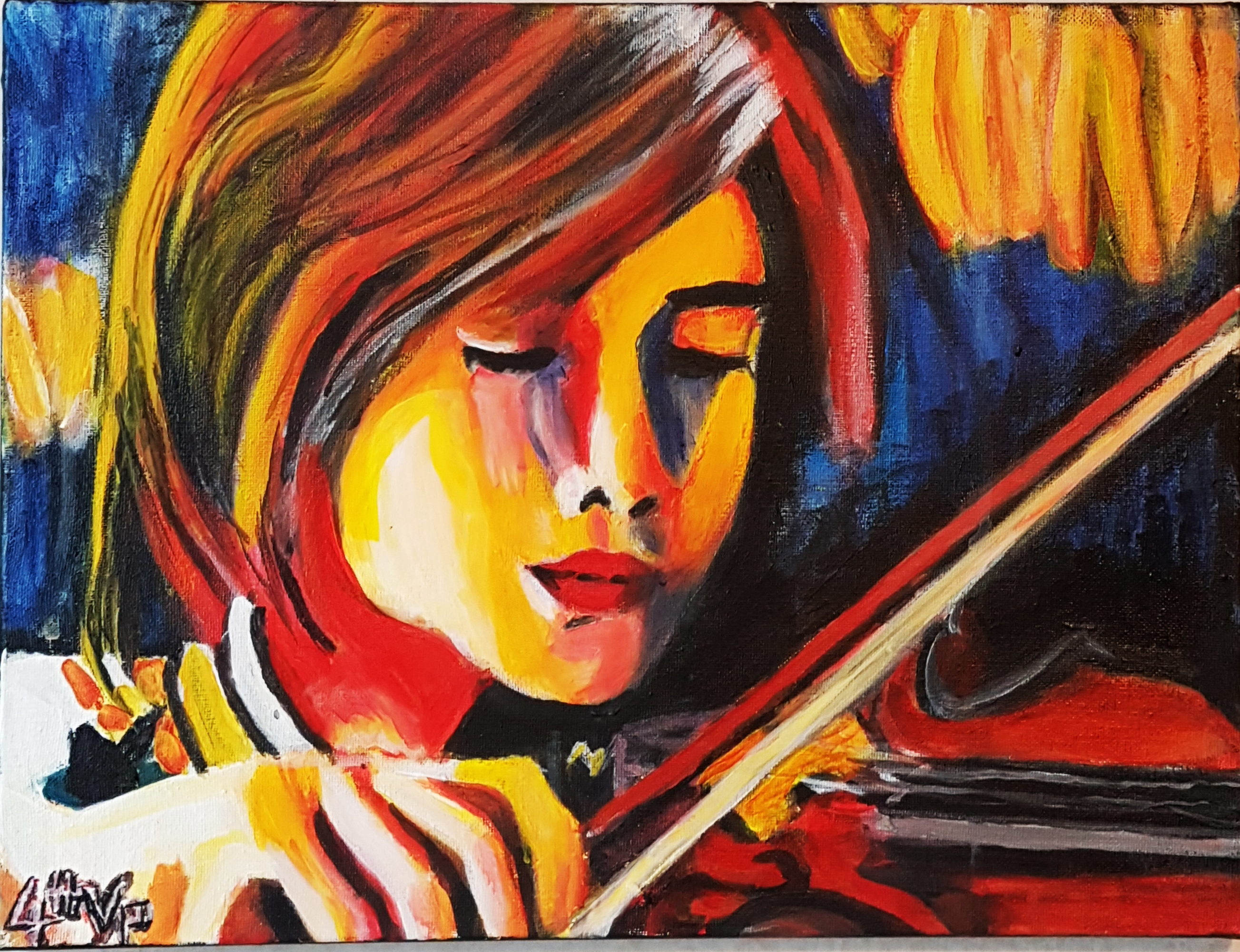 "Virginia Pahuru's "A Violin's Song", acrylic paint on canvas, depicts a woman with closed eyes playing a violin.