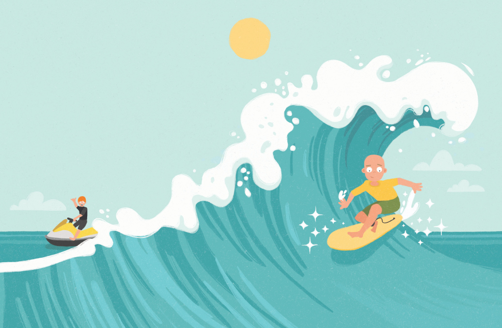 Illustration from Surfing in the Dark depicting a man surfing a wave