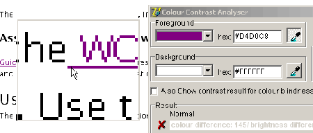 Example of the magnified area around the cursor that occurs when the colour sampler is activated. The colour under the cursor tip appears in the colour pallet select box