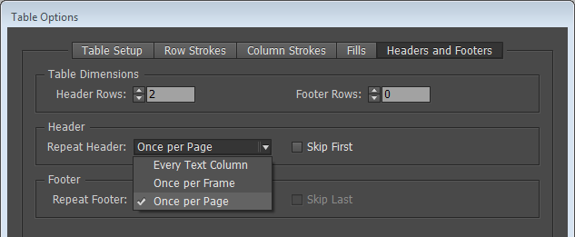 Table Options dialog Headers and Footers tab shows header repeated once per page