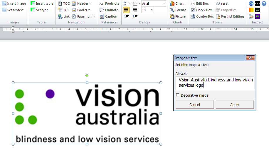 Alternative text: Word document with a selected image and the Set alt-text dialog box open. User can type the alt-text in the dialog box. The Document Accessibility Toolbar sits at the top of the Word window.