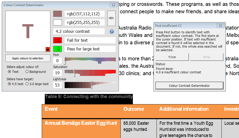 Colour contrast: Word document with the Find Insufficient Colour Contrast dialog box and the Colour Contrast Determinator dialog box. The Determinator box contains input fields for RGB colour and HSL colour selector sliders.