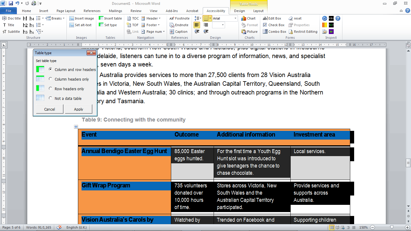 DAT overview table type: Word document with a selected data table and the Set table type dialog box open. The dialog box has 4 radio buttons that allow users to set the table type.