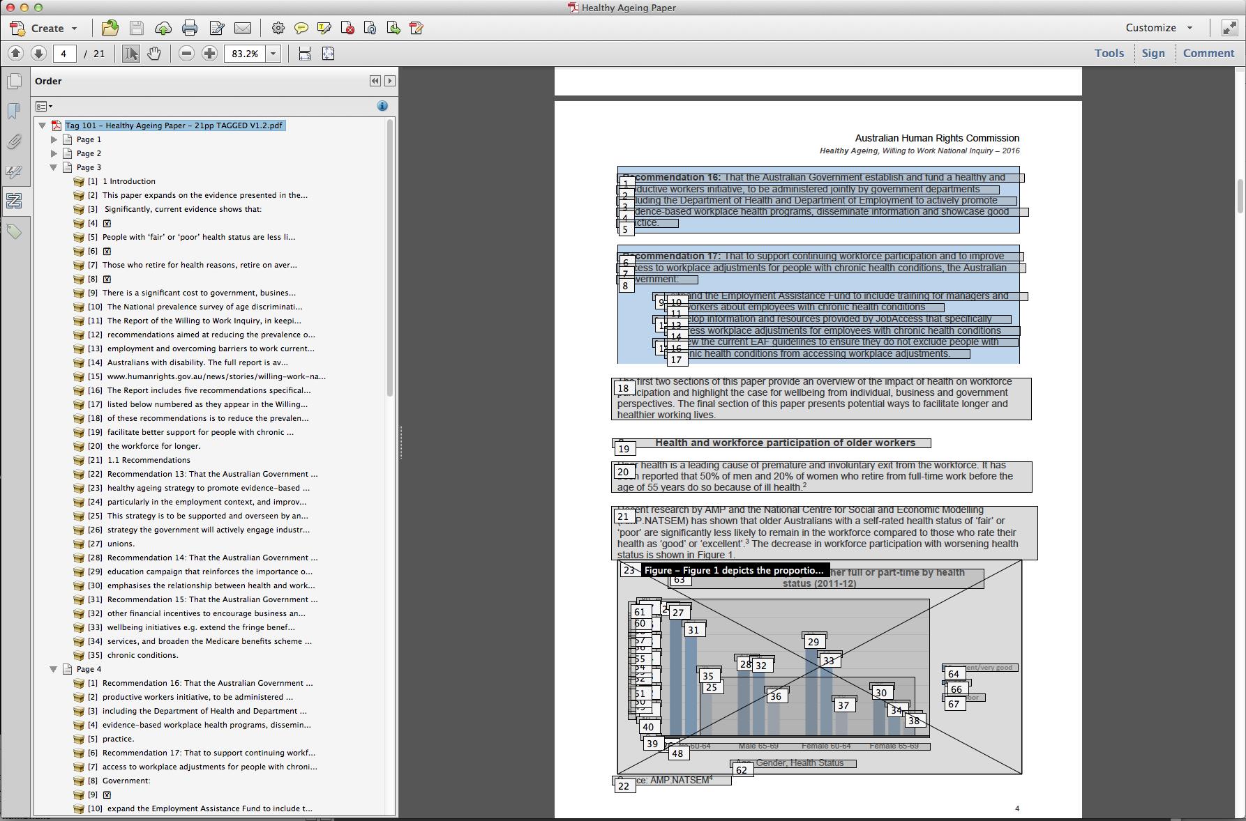 Page view of a PDF in Acrobat with a long list of tags visible in the tag window