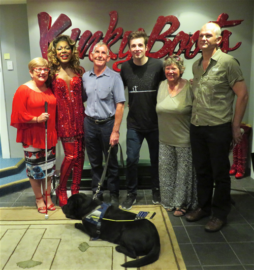 Richard Crandle and Toby Francis, Kinky Boots cast members who play Lola and Charlie with Vision Australia clients Kim, Kevin, Hazel and Francois
