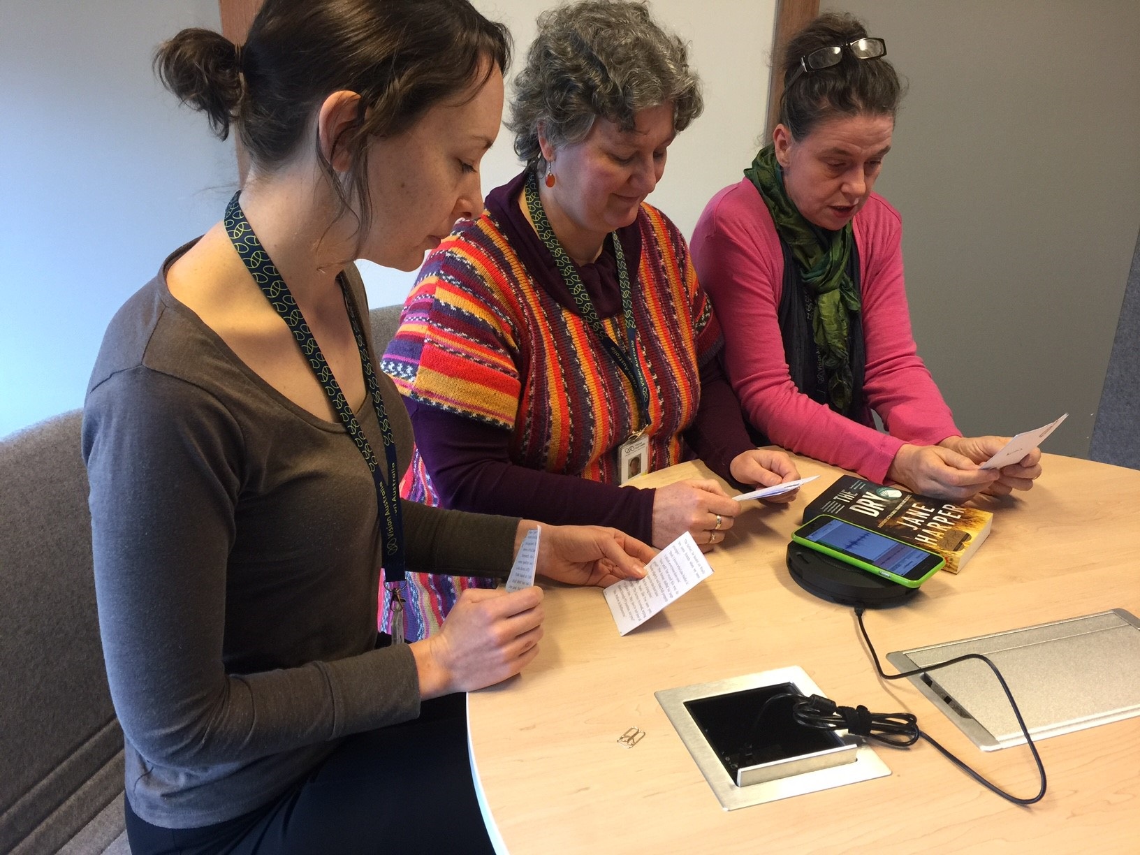 Vision Australia Library staff Sarah Bloedorn, Katalin Mindum and Frances Keyland record the book reading