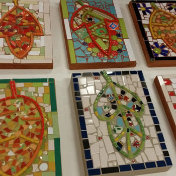 Completed mosaic art panels from the workshop