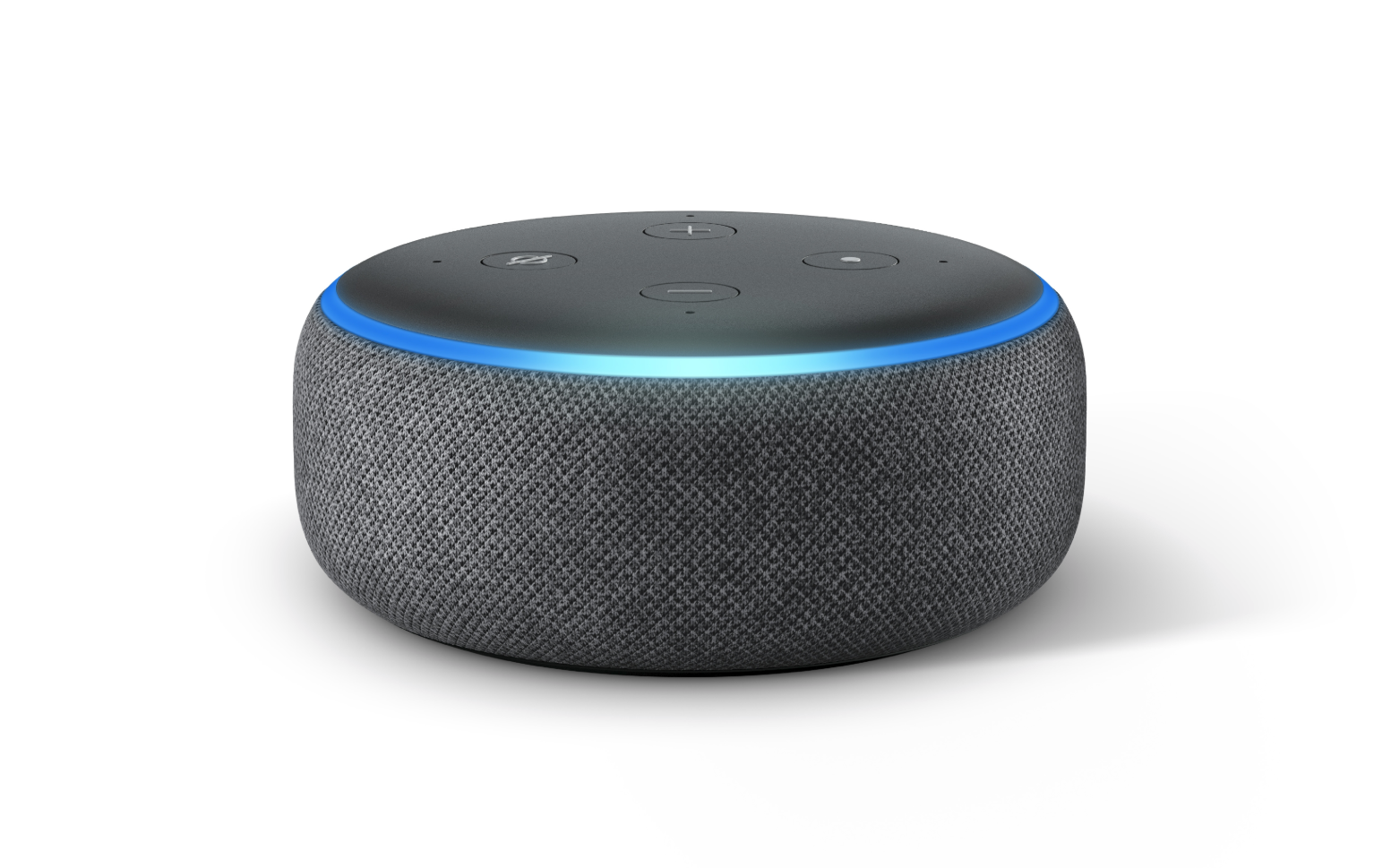 An Amazon Echo situated against a white background