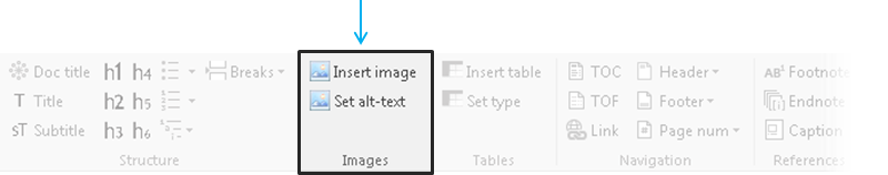The Image group has 2 commands: Insert image and Set alt-text.