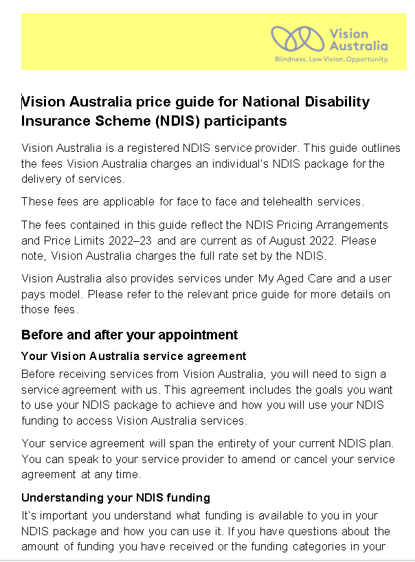 Vision Australia NDIS Price Guide front page