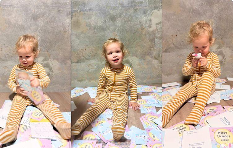 A three-photo collage showing Elkie, wearing yellow striped pyjamas surrounded by birthday cards.