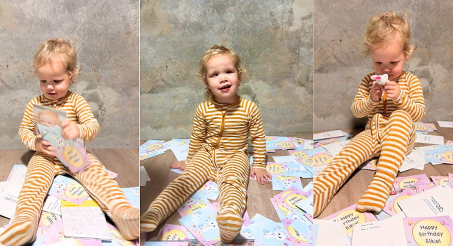 A three-photo collage showing Elkie, wearing yellow striped pyjamas surrounded by birthday cards