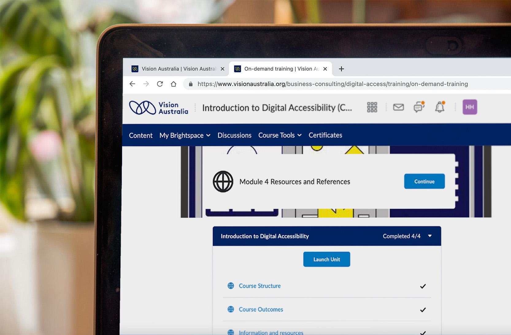Laptop displays internet browser window displaying an online learning platform for Introduction to Digital Accessibility. Test on screen ' Module 4 Resources and References'.