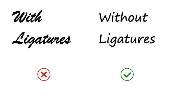 The text ‘with ligatures’ is shown in a Script typeface that has ligatures. The text ‘without ligatures’ is show next to it, in a cursive typeface that does not have ligatures. Both have a hand written style, but the cursive typeface without ligature is easier to read.